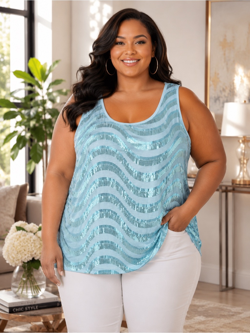 Ashley Stewart Blue Sequin Wave Tank Top Size 30/32